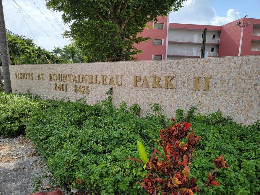A beautiful 2-bedroom, 2-bathroom condo in the highly desirable Visions at Fontainebleau, move-in ready. This unit features a spacious living and dining area with a functional layout perfect for everyday living and entertaining. Enjoy a private balcony with relaxing pool views. The community offers secure entry and 24/7 security for peace of mind. Ideally located near major highways, shopping centers, parks, and top-rated schools. Perfect for a primary residence or investment opportunity.