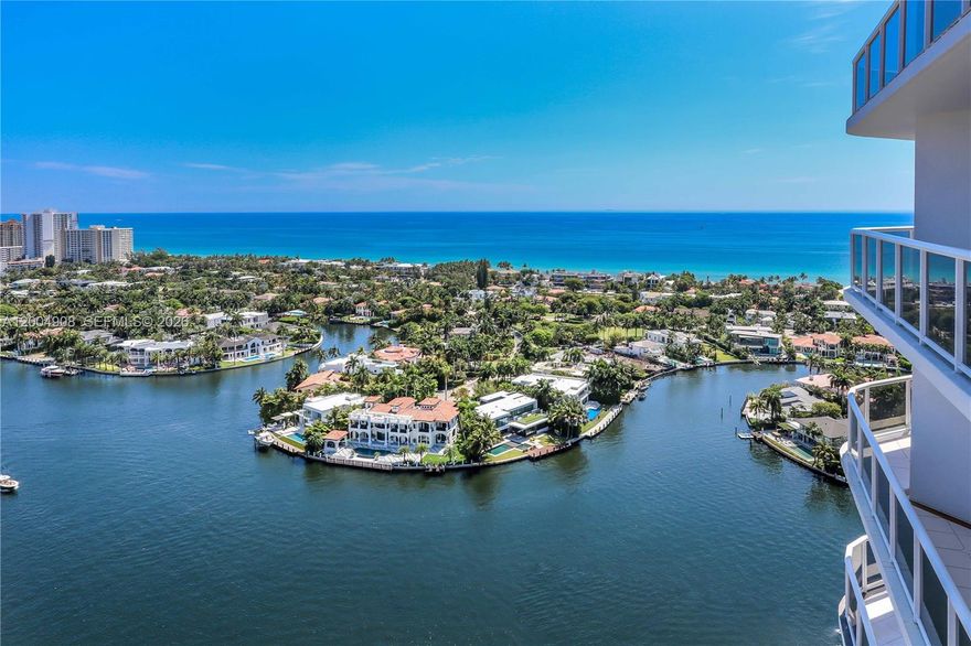 Stunning high-floor Atlantic model at One Island Place. This flow-through floor plan offers breathtaking views of the Atlantic Ocean, Intracoastal waterway and the city skyline. Features include a private elevator foyer that opens into a spacious, light-filled living area with floor-to-ceiling windows. Two expansive terraces provide the perfect setting for sunrise and sunset views. This apartment boasts marble flooring and cherry wood floors in oversized bedrooms. Custom closet cabinetry, built Ins, and soffits in living room. One Island Place offers 24-hour security, valet, two oversized pools, a state-of-the-art fitness center, tennis and yoga studio. Building modernization with over 24 million in improvements. Easy to show. Please use Show Assist.
