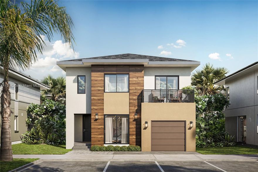 On Alba, an Onx Homes Community Model A Collection X with Gray facade with on an oversized corner lot. X+ Construction Pure Concrete Home with impact windows & doors, concrete foundation,concret mid slab,concrete stairs,5 bedrooms, 4.5 baths, includes a guest suite with full bath w/ independent entrance on the first floor. High ceilings, soft-close cabinets, upgraded kitchen with stainless steel appliances, led lights, quartz countertop, pantry, laundry with washer & dryer. Many upgrades including oversized porcelain tile in all areas including stairs,installed shades, glass door in bathrooms,electric charger,electric water heater, built in custom california closets,premium hardware, upgraded kitchen appliances plus backsplash and much much more!