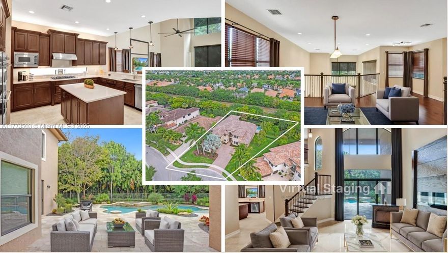 Unparalleled luxury on 1/3-acre lot w/5,000+SF. 5BR, office, loft, 5 full/2.5 baths. Private, lushly landscaped, fenced, cul-de-sac lot w/no rear neighbors creates serene retreat. Custom saltwater pool/spa, travertine deck, perfect for outdoor living. Inside, expansive primary suite boasts sitting area, custom closets, spa-like bath with tub, bidet & shower. All BRs w/ensuite baths, most w/retreat areas. Gourmet kitchen w/Viking gas stove, double ovens, SubZero, hidden pantry, wood cabinetry & quartz counters. Porcelain floors add elegance. Loft overlooks pool, LR & family room, creating grand open feel. Whole-home generator, impact windows, 3-car(AC) garage & 3 newer ACs ensure comfort & convenience. Enjoy resort-style amenities & cafe in one of Delray's most sought-after communities!