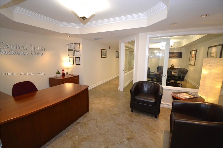 Professional office on second floor in a class "A" office building, ideal for medical or professional services. The 1530 square feet office Suite consists of two separate units 207 & 208 under the same folio. Unit 207 has four offices, one conference room, reception lobby area, a work area and a kitchen. Unit 208 has a reception work area office and one private office. Each suite has its own entrance to be used separately, or they can be opened for one single use. The unit comes with three owned parking spots, one undercover car park and two open-air parking spaces plus ample parking spaces throughout for employees and visitors. All windows have roll down shutters.