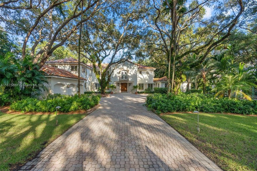 Vizcaya meets Fairchild at this enchanting 1 acre Old Cutler Rd estate. The lushly landscaped storybook Villa sits on a gated corner lot w/dual drive-thru entries. Live luxuriously in the S Gables — entertain fabulously indoors & out: Beautiful, resort-style grounds feature 60-ft covered terrace, 60-ft pool, Jacuzzi, 2-bath cabana & wet bar. Sunny, grandly scaled interiors; marble & oak flrs. Flr 1: dbl-height foyer; living, family & dining rms, eat-in kitchen; 3 ensuite bdrms; powder rm; staff kitchen/laundry rm; staff qrtrs; 3-car garage. Flr 2: 3 ensuite bdrms (palatial primary w/opulent bath, walk-in & 60-ft balcony); library/office; bonus bdrm/gym/dance studio/playroom or upstairs family rm. Timeless, captivating & thoughtfully designed for family living and/or memorable entertaining!