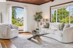 Living room with wood ceiling