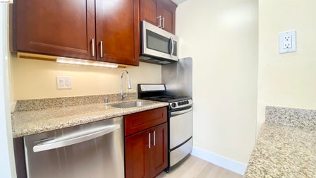 Kitchen featuring wood cabinetry, granite-finish countertops, stainless steel appliances, a stainless steel sink with a gooseneck faucet, and light wood-finish flooring