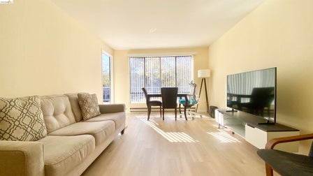 Bright living space featuring light-toned walls and wood-finish flooring