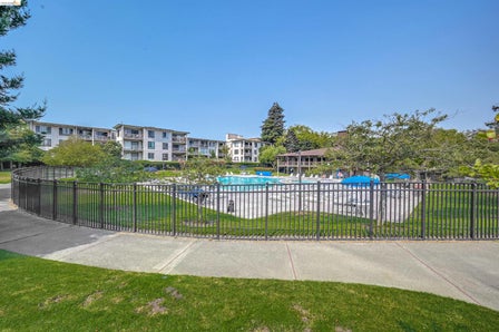 Outdoor swimming pool with surrounding patio space, bordered by a black metal fence