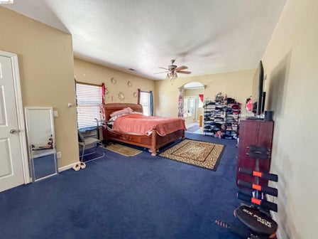 Spacious room featuring blue carpeting and neutral wall tones