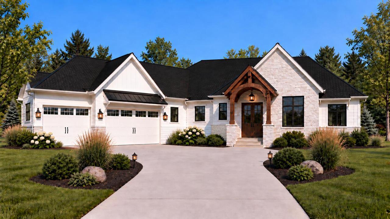 White stone-and-siding home with a timber entry, multiple garages, and a curved landscaped driveway.