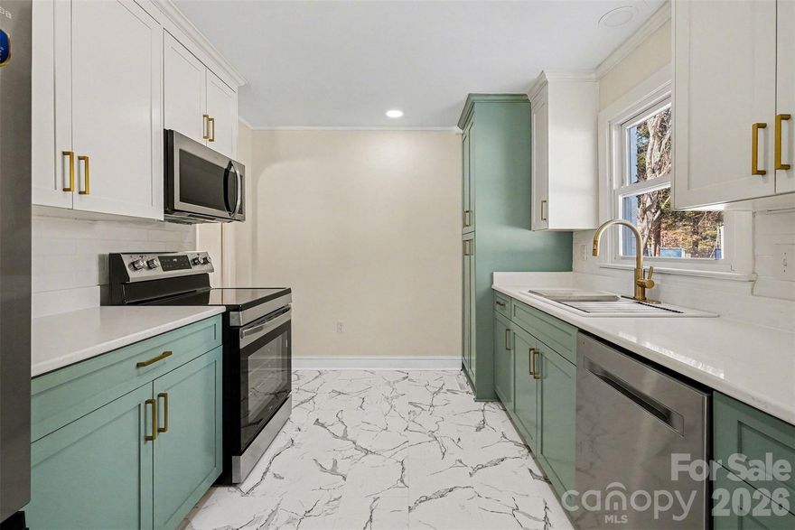 Charming, renovated, brick ranch just past South Iredell High School and convenient to downtown Troutman!  Located out of the city limits so you will enjoy the benefit of lower taxes!  Situated on over half an acre, this home blends modern updates and convenience with original character and charm.  All new stainless kitchen appliances plus a new washer and dryer included.  The kitchen and bath feature all new cabinetry with stylish gold hardware, quartz countertops, and new lighting.  Original hardwoods have been beautifully refinished and run through most of the home, while original rounded archways add architectural character.  The living area showcases a decorative tile hearth, German smear brick surround, slab mantle, and shiplap-inspired Luan trim accenting the fireplace area. An attached carport offers covered parking and additional storage, while a site-built outbuilding with electricity (including 220 power), provides flexible space for hobbies, projects and additional storage.  Additional significant updates include replacement windows, new electrical panel with updated receptacles, all new lighting fixtures, and a new water heater.  USDA eligible area.  Schedule your showing today!