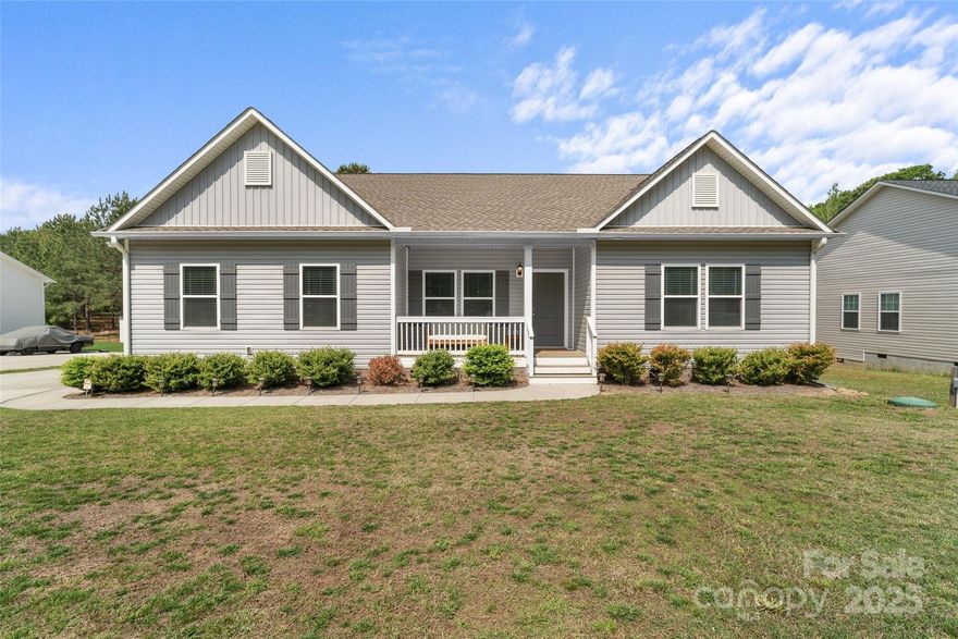 Welcome to this stunning ranch home, perfectly situated on a spacious 1-acre lot with a serene pond on the property. Built in 2022, this home blends modern design with thoughtful functionality. Step inside to an inviting open floorplan with rich coffered ceilings that add a touch of elegance to the main living spaces. The chef’s kitchen is a true showstopper—featuring a massive island with breakfast bar, gleaming granite countertops, and a walk-in pantry for all your storage needs. A flex space offers the perfect spot for a home office, formal dining, or creative space. The luxurious primary suite includes a walk-in closet with convenient access to the laundry room. A smart split-bedroom layout ensures privacy, while the oversized side-load garage, front porch, screened-in porch, and dual patio spaces invite you to enjoy outdoor living to the fullest. The backyard is fully privacy-fenced, creating your own peaceful retreat. This home is truly a must-see!