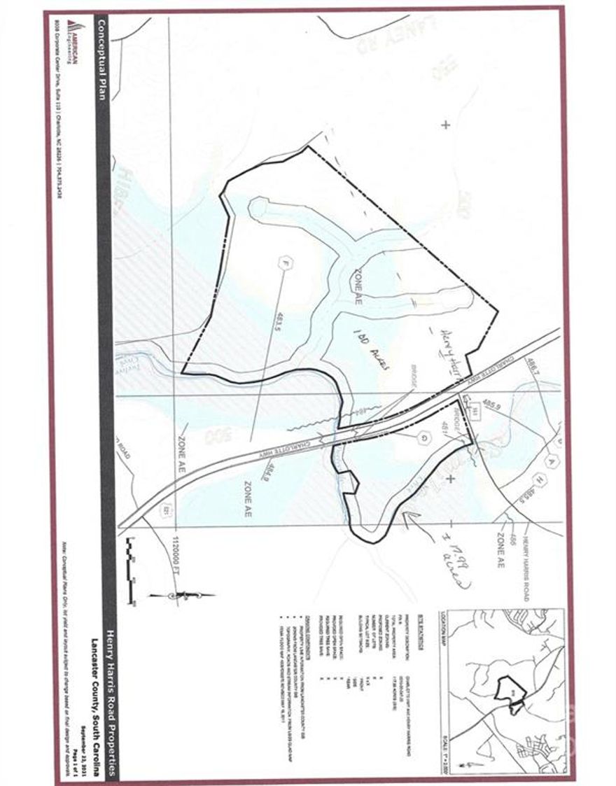 Property located in the Southern Panhandle Small Area Plan.  Property zoning has proposed the land to be medium density residential which supports 2.5/acre.  Part of the approval process will require the buyer to extend Henry Harris through the property intended to reach Van Wyck.

This is the recently adopted Southern Panhandle Small Area Plan Extension where you can see the long range plans for Lancaster County. 
 https://cms9files.revize.com/lancastercountysc/Document_Center/Department/Development%20Service/Planning/SAP%20with%20Extension%209-13-2021.pd

Water and Sewer is currently in 521, buyer to verify