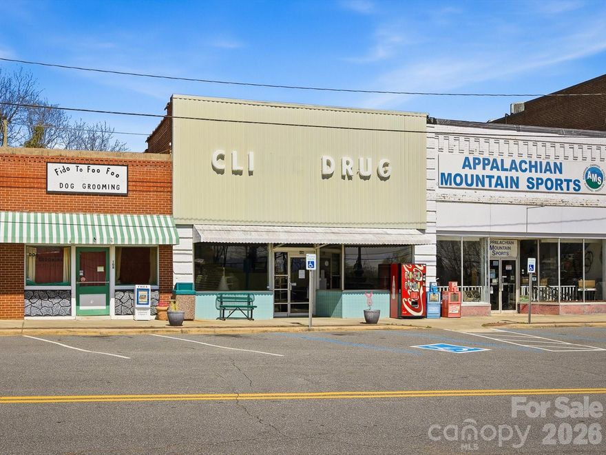 Here's a great opportunity for a business in downtown Glen Alpine. For sale is the old Clinic Drug Store, which could be used for other possibilities, such as a studio apartment, retail business, or medical clinic. You'll need to do your due diligence to see what's allowed by the city of Glen Alpine. It has one half bathroom, an office area, and plenty of shelving for storage. The roof and the HVAC were replaced in 2018. The paid invoices are attached to the MLS documents. The town of Glen Alpine is starting to grow with new ideas emerging from the town hall. Don't miss this opportunity.