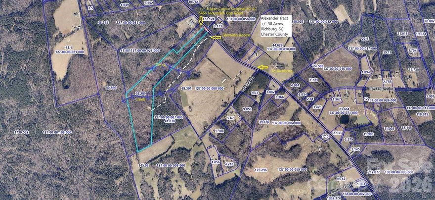 +/- 38 acre parcel of land available in the highly desirable Lewisville Schools district. Just a few minutes from Richburg, SC where many public amenities are located! Ideal property for a family compound or one secluded homesite with several homesites and plenty of room for a building, barn, or shop. Property consists of slight rolling terrain crossing two small creeks with young pines and hardwoods.  An abundance of wildlife from deer, turkey, rabbits, squirrels, quail, and dove. No HOA or deed restrictions! Utilities such as power, fiber optic, and natural gas are located at the road for use. Conveniently located off I-77 SC Exit 62  to Charlotte, Rock Hill, Lancaster, Chester, and Columbia.
