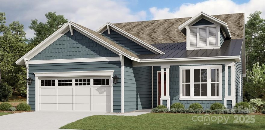 This Move in Ready home in the quaint active adult community of Handsmill on lake Wylie. Brand-new Cedar floorplan with sunroom option, gas fireplace, high-ceilings, 8’ft doors, and lots of windows.  No homes behind the house, rear private nature preserve view.  Exterior with stone accents and a covered front porch. Model photos used from sister community for reference.