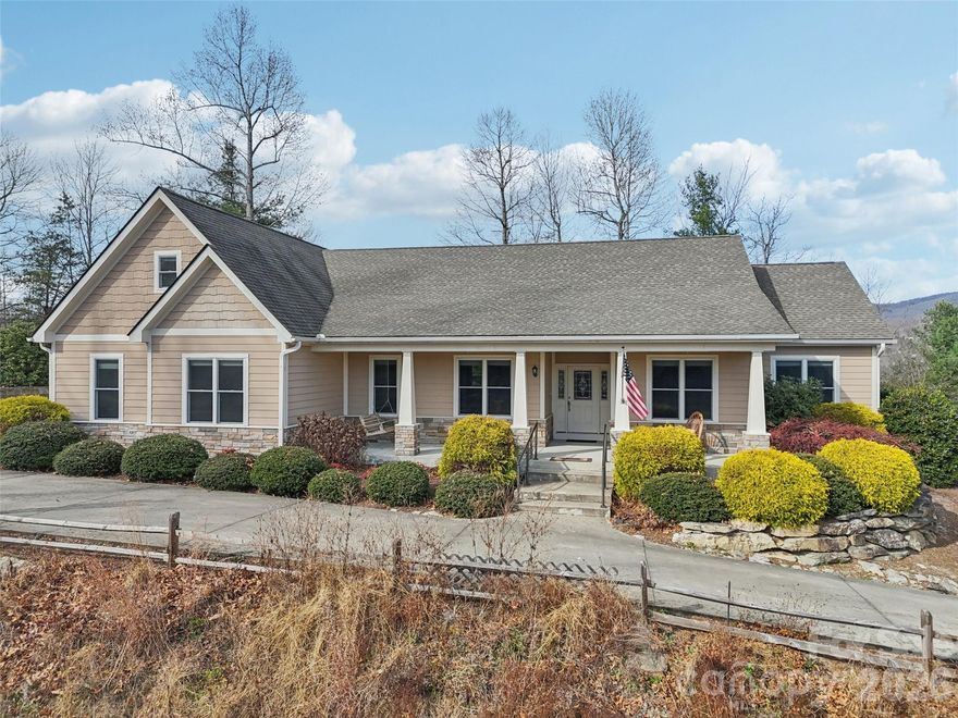 A welcoming single-level design offers relaxed living, highlighted by a front porch with a swing to enjoy the long-range mountain views, and a screened rear porch that opens to a covered deck and patio with similar vistas. The great room’s soaring ceiling and fireplace create a warm central gathering space, while a formal dining room with a tray ceiling adds elegance and functionality. The kitchen features quartz countertops, a great prep-island, a walk-in pantry, stainless steel appliances, and a breakfast area. The primary suite includes a cozy sitting area, a spacious walk-in closet, and a spa-inspired bathroom featuring a no-threshold shower with a bench and shampoo nooks, plus separate vanities. Guests enjoy an en-suite bedroom with a walk-in closet, along with a second guest bedroom that includes another full bathroom nearby. An office or flex room provides versatile space to suit your lifestyle. A main-level laundry room with a storage closet adds convenience and organization. Wood flooring runs throughout the main living areas, complemented by carpet in guest bedrooms and tile in all bathrooms, while a triple-car garage accommodates all your vehicles, followed by a small bonus room perfect for a workshop or exercise space, heated but not included in the main square footage. The large upper level bonus room above the triple garage adds extra living space for all your needs. An encapsulated crawl space and a small shed complete this exceptional property. Note: 64 East has been open all the way to this home.