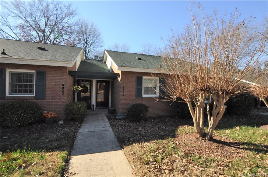 Brick one story condo in super convenient location! Just minutes to I-485, shopping, and restaurants. Recently updated/remodeled. New kitchen. Tile flooring in both baths and kitchen. New vanities in both baths. Tile work in tub/shower area. Hardwood flooring in great room. Great room with fireplace and wall of built in bookcases. Two nicely sized/large bedrooms & both have their own baths! Laundry area comes with w/d.Nice deck and storage room in back. This place is immaculate & move in ready.