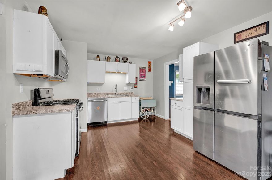 Updated Home in Statesville!  Updated kitchen, bathrooms & refinished hardwood floors all in 2017. HVAC 2017.  NEW Roof in 2020, close to everything while being tucked away on a quiet street.  3 bed, 2 bath ranch home with spacious bonus room off the back of the home. Charming Covered rocking chair front porch along with a covered patio towards the back.   Laundry room. Beautiful lot with storage shed. Pull down attic. Leaf gutter guards across the front. Vinyl Windows. NO HOA!!! Fireplace Sold AS IS.