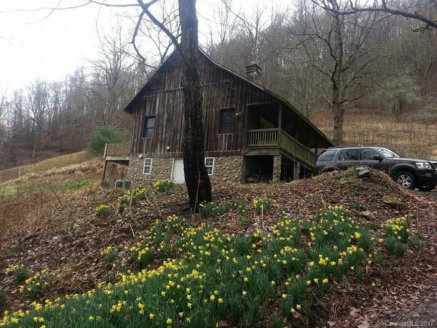 Beautiful cabin nestled high in the woods on a 30+ acre tract. This is a nature lovers paradise with walking trails, fire pits, steam with small waterfall, gardening beds with irrigation and all of the privacy and seclusion you could ever want just minutes from Interstate 26. Master on the main, gorgeous wormy chestnut kitchen cabinets, stacked stone fireplace and tons of charm. Enjoy the sound of the stream from the covered front porch.