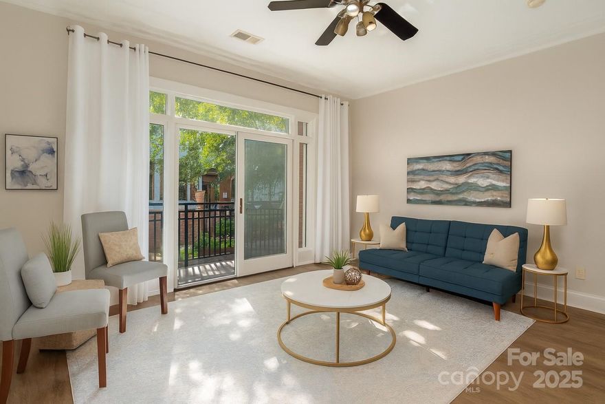 Discover the perfect blend of convenience and neighborhood charm in the heart of Charlotte's vibrant First Ward! This unit puts you steps away from the Queen City’s best dining, shopping, theaters, and nightlife. Step inside to soaring ceilings with fresh paint and new LVP hardwood flooring that create a warm, welcoming feel. The open-concept living and kitchen area maximizes space and flow, with a sleek island offering additional seating for casual meals or entertaining. The kitchen shines with granite countertops, tile backsplash and plenty of prep space. The spacious primary suite features a walk-in closet and a private bath with granite countertops, dual vanities & tile floors. The secondary bedroom, perfect for guests or a home office, enjoys access to a full hall bath with matching granite countertops & tile flooring. A full-size stackable washer and dryer are included for your convenience. Outdoor enthusiasts will love being just a short stroll from the Little Sugar Creek Greenway, while city lovers can walk to Charlotte’s iconic bars, restaurants, and cultural destinations.  Airbnb potential. No short term rental restrictions. CCRs/Bylaws show only a 7 day rental restriction!!