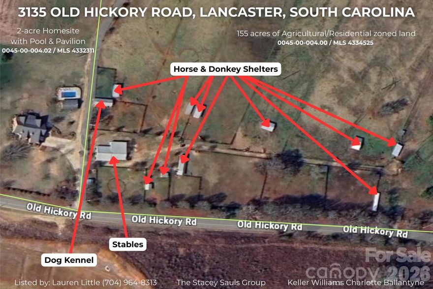 Rare opportunity to purchase 155 acres of agricultural/residential-zoned land in Lancaster. Available individually or in combination with the adjoining 2-acre homesite with pool, this property offers flexibility for development, estate use, or long-term investment. Improvements include stables, a dog kennel, and approximately 10 donkey/horse shelters, supporting agricultural, equestrian, or income-producing operations. Expansive acreage, established infrastructure, and versatile zoning make this an exceptional opportunity in a growing area.