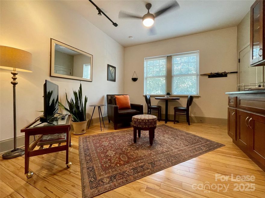 Chic urban loft in Downtown Asheville. Absolute central walkable location. One month to one year full service lease. Monthly rent includes all utilities/services and gated surface parking space. Fully furnished including all bed, bath and kitchen essentials. Perfect for executive rental, relocation stay, or extended Blue Ridge Mountain vacation. Pets allowed upon Landlord approval with deposit. Currently in service as short term rental with intermittent occupancy, availability is subject to change, showings by appointment only.