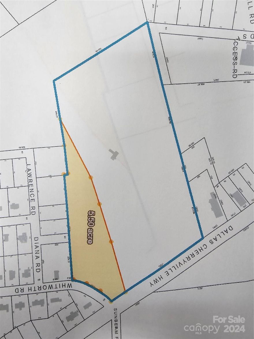 The listing contains approximately 5.5 acres.  This is a portion of parcel 305551.  The tax value is not available due to dividing this property.  The majority of the land is wooded.  The property has road frontage on both Dallas Cherryville Hwy and Whitworth road.  Septic and well-needed.  No perk testing has been performed.