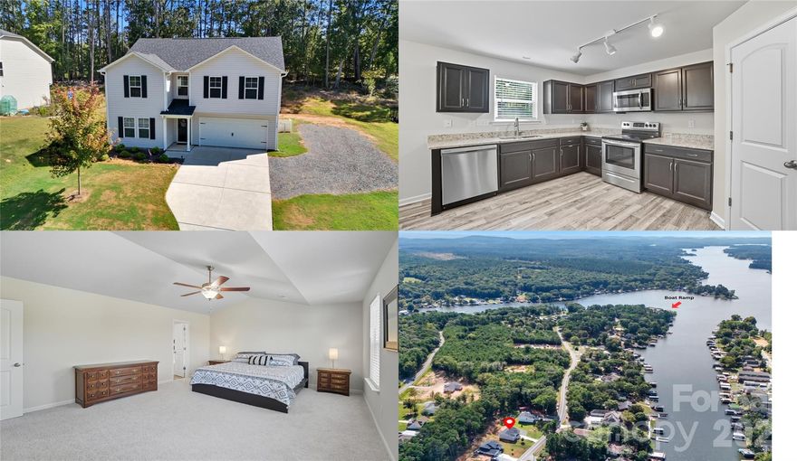 Welcome to Badin Lake!  This spacious home is move-in ready, with most furnishings negotiable—perfect for either a full-time or part-time retreat. With no HOA, you’ll have plenty of space for boat and jet ski parking( there is extra parking on the gravel area on the right side of property) Offering 5 bedrooms plus a flexible main-level space (currently used as a bedroom), this home has room for everyone. The spacious family room opens to the kitchen, complete with walk-in pantry, abundant cabinetry, and generous counter space. A full bath is also located on the main level for added convenience. Refrigerator, washer, dryer negotiable. Upstairs, the primary suite impresses with a vaulted ceiling, comfort-height dual vanity, soaking garden tub, and an oversized walk-in closet. Four additional large bedrooms, a second full bath, and a conveniently located laundry room complete the upper level. Step outside to the patio strung with bistro lights—an inviting setting ready for your outdoor living vision. This home sits just across the road from the lake and couple minutes to the Circle Drive Boat Ramp at 724 Shoreline Dr. in New London, NC. The ramp offers 40 boat trailer spaces, single vehicle parking, universal access with dock handrails, a paved walkway, and restrooms. Everyday essentials are close by—just a 10-minute drive to Dollar General and 20 minutes to Hwy 49/52 for Food Lion, shopping, and dining.  The back yard on this property goes up through the tree line all the way to the Pink flags- so much opportunity to make that space your own or leave as is for added privacy.