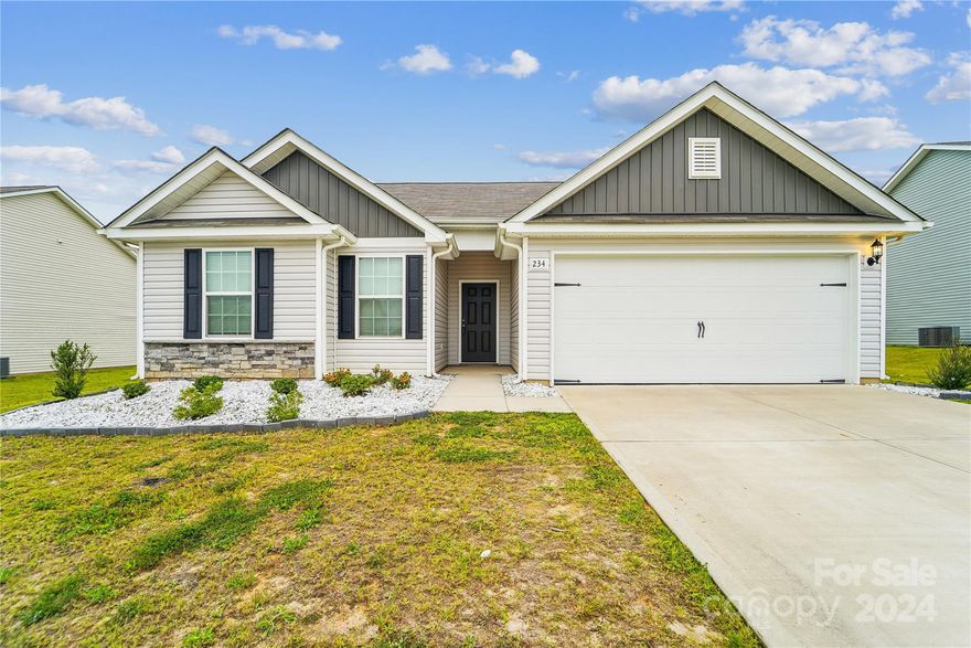 Welcome to your new home in Kings Mountain! This beautiful home was constructed in 2021 and features an open floor plan with a kitchen that flows seamlessly into the living and dining areas. Enjoy the airy feel with a vaulted ceiling and bar seating, perfect for entertaining. The split bedroom layout offers privacy, with the primary bedroom featuring a walk-in closet and ensuite bath. Two additional bedrooms are spacious and versatile. Ample storage includes a garage, closet space, and attic access. The fully fenced backyard with an extended concrete patio running the width of the home is a blank canvas. Home includes a stainless steel side-by-side kitchen refrigerator with door front ice and water, a full-size washer, and a full-size dryer. It is located near Crowders Mountain trails, the Catawba Two Kings Casino, Veronet Vineyard and I-85. Don’t miss this perfect blend of comfort and location—schedule your visit today!