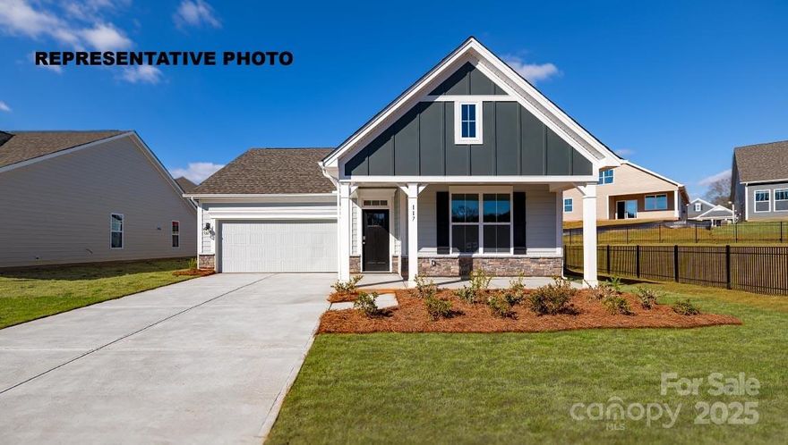 The NEW Aspen floorplan features a split BR Plan with 2 Bedrooms up front sharing a Full bath & Primary BR with full bath and oversized shower! Stylish White kitchen cabinets compliment the quartz counter tops. Stainless steel Gas range, microwave and dishwasher are included. The Aspen is a ranch home featuring 1 level living at it best. Home features a large Front porch and covered rear porch as well! Home Is Connected Includes programmable thermostat, Z-Wave door lock and wireless light switch, touchscreen control device, automation platform, video doorbell, and Amazon Echo pop! All home features are subject to change without notice. Community will include a pool, playground & Clubhouse in the main common area & pickleball courts. Photos are representative and do not include all features. ASK ABOUT OUR BFC INCENTIVE FOR THIS HOME (SPECIAL RATE BUYDOWN W/PREFERRED LENDER)!!!!!
