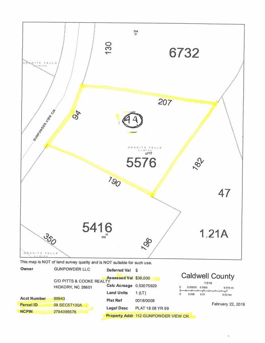 Homesite #44 is located in River Bend, the exceptionally fine, fully developed Lakefront single family residential community with all infrastructure in place for this large wooded  1/2 acre + homesite on a gentle sloping   hillside. River Bend offers all infrastructure from the town of Granite Falls including paved streets with curb & guttering, municipal water & sewer, natural gas, cable media and internet and all services are underground.  River Bend has 80+ unique and well maintained homes ranging in value from the low $300's to over $1.5 million. Homesite #44 is amply protected and enhanced by the Architectural guidelines and protective covenants of the River Bend HOA.
Highway 321 is a major corridor access to I -40 and the major metros of Charlotte, Winston Salem and Asheville in under 1 1/2 hours.
