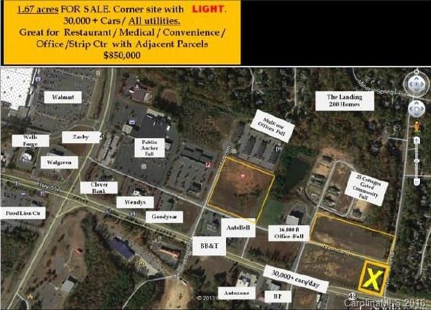 Corner site with LIGHT. 30,000 + Cars / All utilities. 
Great for  Restaurant / Medical / Convenience / Office /Strip Ctr  with Adjacent Parcels