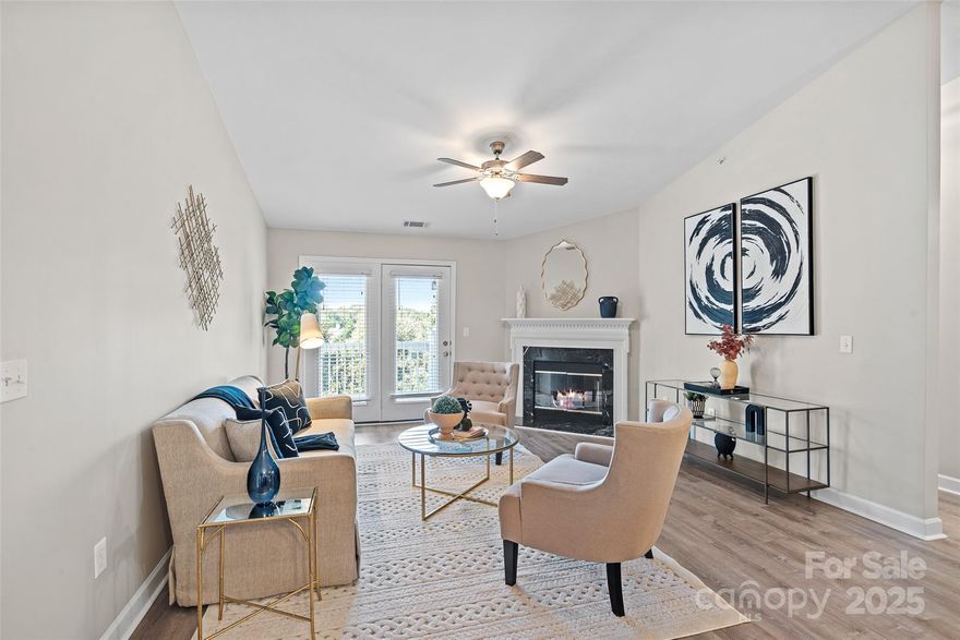 The crown jewel of Copper Ridge! This rare end-unit penthouse condo is fully move in ready with vaulted ceilings and abundant natural light. The spacious living room, highlighted by a corner fireplace, flows seamlessly into the dining area and opens directly to the covered balcony for seamless indoor-outdoor living with beautiful views. Fresh paint, new fixtures and LVP flooring extend throughout the home, complementing the kitchen with granite countertops, tiled backsplash, and ample cabinetry. The primary suite offers a large walk-in closet and upgraded bath, while a true split bedroom layout places the secondary bedroom alongside an additional updated full bath. Residents enjoy low maintenance living with resort-style amenities including a clubhouse, fitness center, sparkling pool, tennis courts, and picnic areas. Perfectly located near everything Ballantyne has to offer from award winning dining and shopping to entertainment at Ballantyne Bowl, all with convenient access to 485 for effortless commuting.