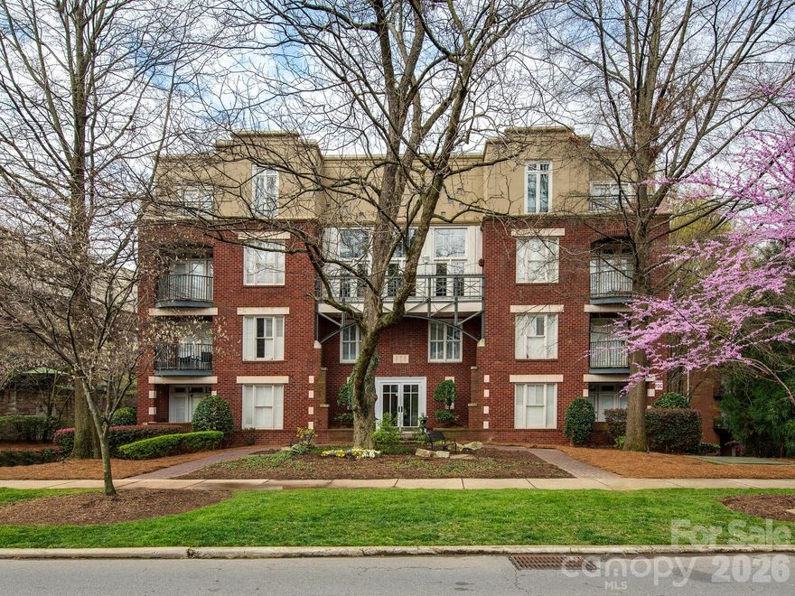 Beautiful two-story condo on tree-lined Queens Rd, right in the heart of Myers Park. This condo has it all… new flooring, new paint, an updated gas fireplace surround, new cabinets/bookcases, newly painted kitchen cabinets, new dishwasher and stainless steel appliances. The living room and dining room are perfect for entertaining and lead to a nice covered porch. Walk up the stairs and notice the new designer runner. Second level boosts an updated primary bedroom with 2 closets and access to another private balcony. The ensuite bath is complete with quartz countertops, double sinks and a walk-in shower w/ marble flooring. There is a 2nd bedroom and 2nd full bath in the hallway as well as the laundry room. Great space for an office, guest space, or gym. Secure building with gated and covered parking. One deeded parking space with this unit and additional parking is available. Great storage within the unit plus a dedicated storage closet in the main hallway, 2 doors down. Conveniently located to hospitals, Uptown, Midwood, great restaurants, shopping and the Greenway.