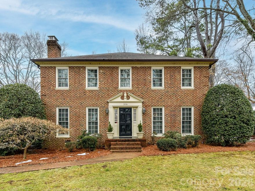 Unique opportunity to own stately brick Georgian on one of the most coveted streets in Barclay Downs!  This home features 1986 addition with high ceilings in Kitchen, Family Room and Primary Bedroom. Huge Family Room w/exquisite cherry paneling, built-ins, gas fireplace and great views of private back yard.  Spacious eat in Kitchen has Breakfast Bay, built in desk, white cabinets and SS appliances …..including 5 burner gas range, double oven, Sub-Zero refrigerator and wine cooler.  Fully fenced back yard with lovely raised brick patio and storage shed.   Additional Living space down includes Den with built-ins and wood fireplace, Living Room and formal Dining Room. Extensive hardwoods, beautiful molding and arch doorways provide so much character!  Separate laundry room plus front and back staircases.  Grand Primary Suite boasts 10 ft trey ceiling, built-ins, walk in closet with wood shelving and gas fireplace.  Dedicated Office with Workspace-plus walk out to full length covered Veranda overlooking tree lined back yard. Great place for morning coffee or evening cocktails! Primary En Suite Bath includes separate vanity areas, walk in shower and large tub.  The three secondary Bedrooms have hardwood floors, plantation shutters and En suite Baths with granite countertops. Pull down stairs provided access to ample Attic storage with flooring running length of house.  Home has lots of upgrades including modern energy efficient Anderson windows 2015, custom plantation shutters and full house generator.  Fully encapsulated and conditioned ATMOX crawl space.  New 2 car Garage with brick facade and carriage doors in 2017. New roof in 2015 along with copper gutters and lanterns add to the ambiance.  Extensively landscaped yard with mature flowering bushes,  beautiful uplighting and full irrigation.  Great location near SouthPark shopping and restaurants plus easy walk to top rated neighborhood schools.