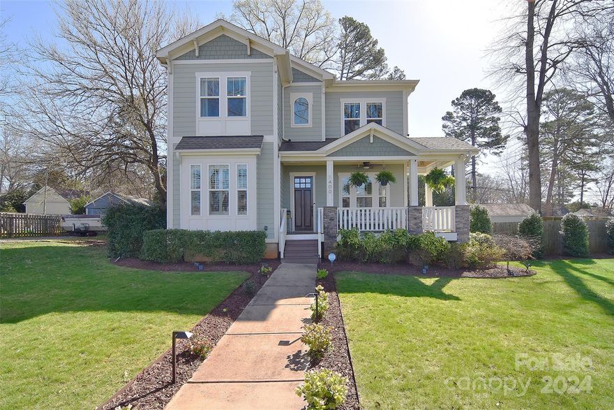 WOW!Welcome home to this beautiful Craftsman-style two story home on a large landscaped corner lot, fenced private back yard, detached two car garage. Covered rocking chair front porch welcomes you into the house. Main level has finished on site hardwood floors, plantation shutters, beautiful woodwork, 10' ceilings. Living room, gas fireplace, coffered ceiling. Formal dining room, butler pantry/wet bar.
Gourmet kitchen, Island, granite, S/S appliances, tiled backsplash. Breakfast room. Main level En-Suite guest bedroom. Wood staircase takes you to the upper level En-Suite primary bedroom, luxury tiled bath, granite top double vanity, frameless glass shower, private toilet, walk in closet. Two additional En-Suite bedrooms, large closets, tiled bath, granite top vanity, toilet. Laundry room, window, sink. Covered back porch overlooks private backyard dining relaxing area plus hot tub, pergola, side yard, garden shed. Walking distance to all the great amenities of the Plaza Midwood area.