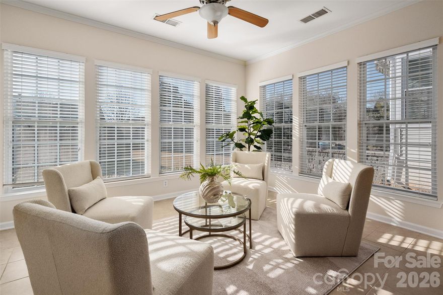 Move-in ready and beautifully updated, this home is tucked away on a quiet cul-de-sac street and offers both comfort and style, conveniently located within walking distance to Sun City amenities. Recent updates include fresh interior paint throughout the home and garage, brand-new carpet in both bedrooms, new flooring in the great room and private study, freshly painted white kitchen cabinets, new Trex decking, and a Lennox HVAC system just one year old. The well-designed floor plan features two split bedrooms, two full bathrooms, and a private study/office with glass French doors. The spacious great room includes a gas fireplace, ceiling fan, and flows seamlessly into a bright sunroom with an additional ceiling fan and walls of windows for abundant natural light. The eat-in kitchen features an island and is outfitted with white cabinetry, granite countertops, tile backsplash, pantry, bar seating, stainless steel appliances, and refrigerator—all included, with a conveniently located laundry room just off the kitchen featuring a washer, dryer, sink and cabinetry for added functionality. The large primary suite showcases a tray ceiling with a ceiling fan, a generous walk-in closet, and an en-suite bath with dual vanities and a walk-in shower. The secondary bedroom also includes a ceiling fan for added comfort. Step outside to enjoy the expansive deck, constructed with low-maintenance Trex composite decking and complete with a retractable, remote-controlled awning—perfect for effortless outdoor relaxation. Additional features include a sprinkler system and a small work area in the garage. HOA fees include lawn maintenance and front bush trimming. Best of all, enjoy easy access to Sun City’s exceptional amenities including a fitness center, indoor and outdoor pools, golf, tennis, pickleball, clubs, walking trails, and more.