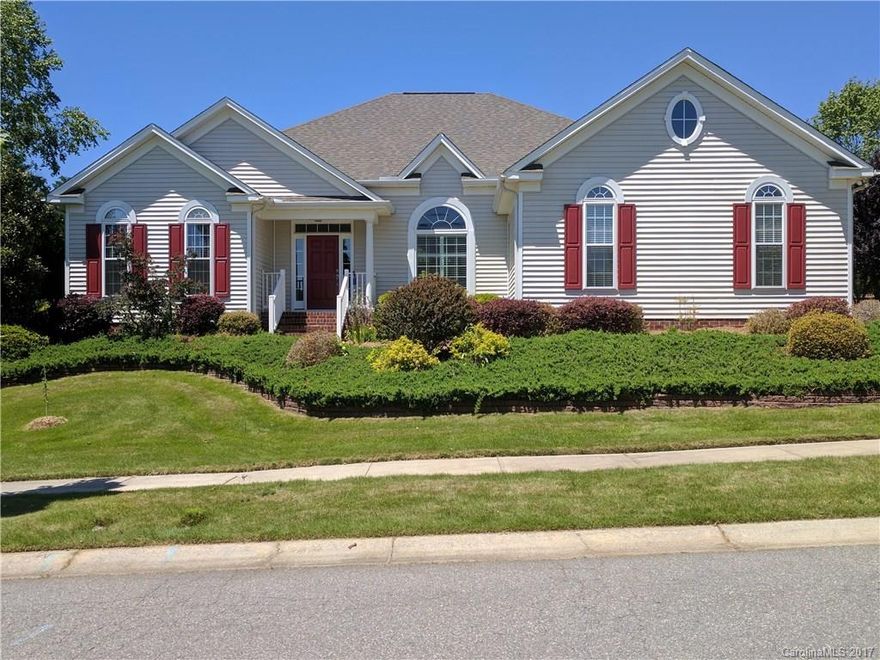 Beautiful Skybrook ranch sure to impress. Filled w/elegant touches inclu HW floors, french doors, plantation shutters & more. Open floor plan w/split bedroom layout has 4 BRs & an office. Kitchen w/granite ctrs & sink, tile backsplash, 5 burner gas cooktop & microwave/oven combo. Breakfast bar is oversized & could easily seat 4. Master ste has 2 vanities & extra large jetted tub. You'll love the beautifully landscaped yard w/irrigation system & water feature. Extra wide garage great for storage.