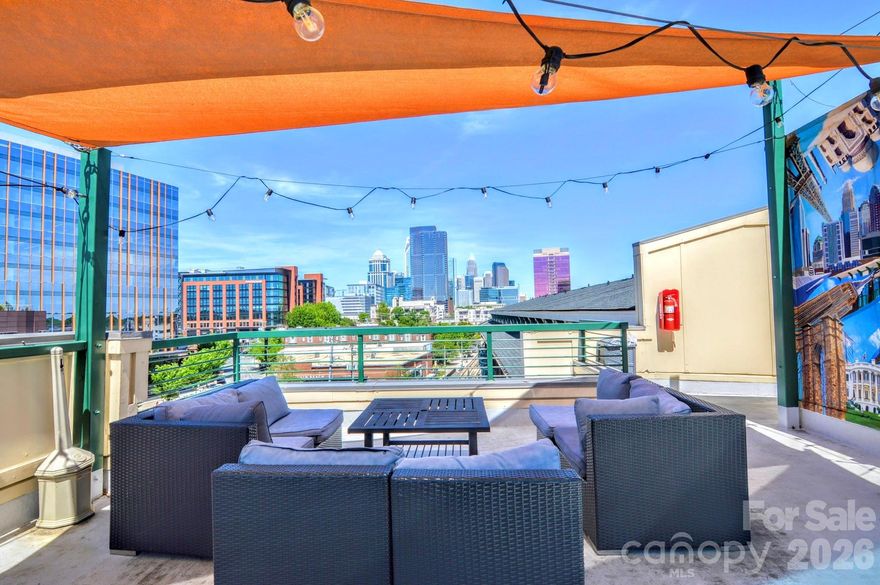 The ULTIMATE South End location! Just steps from the Rail Trail and some of Charlotte’s most popular restaurants and nightlife, this top-floor 1-bedroom, 1-bath condo offers the perfect blend of convenience and privacy.  Located on the 4th floor with easy access from the parking garage, this freshly updated unit features soaring ceilings and dramatic floor-to-ceiling windows that flood the space with natural light. The open-concept living area flows seamlessly into the kitchen, complete with wood cabinetry, stainless steel appliances, and a breakfast bar with stone countertops.  Enjoy your morning coffee or unwind in the evening on the private balcony overlooking vibrant South End activity.  The main level includes a welcoming foyer with a convenient storage closet, a laundry closet with brand new GE stackable washer and dryer, and a beautifully updated full bathroom featuring tile flooring, a stone countertop, a fresh vanity, and a modern backlit LED mirror.  Upstairs, the lofted bedroom offers a spacious built-in closet system designed for maximum organization.  Residents also enjoy access to a stunning rooftop terrace with unbeatable Uptown views—perfect for entertaining, working remotely, or simply relaxing.  Freshly painted and brand new flooring throughout, this move-in ready condo is a rare opportunity in one of Charlotte’s most sought-after locations. Don’t miss your chance at this great condo to work and live!