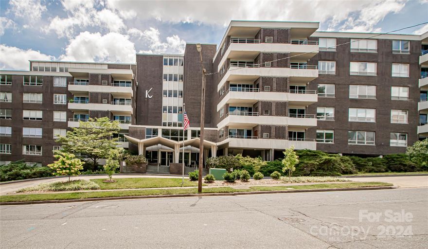 Welcome to The Kimberly!  This is a Mid-Century Modern building next to Park Rd Shopping Center in desirable Myers Park.  This 2 bed, 1.5 baths is located on the 6th floor with great views and no other unit above.  There are 2 large bedrooms and a large walk-in closet in primary bedroom.  Both rooms have plantation shutters.  A private bridge connects residents to Park Rd Shopping Center with restaurants, grocery store, clothing, drug store, theater and much more.  Only 20 minutes to airpot, 10 minutes to uptown, South End and South Park Mall.  Also, close proximity to Sugar Creek Greenway.  Community amenities include pool, grill area, guest quarters, workout room, and entertainment room which is located on the 6th floor.  The unit has a private carport (H) located to the right of the building. Additional parking is available for residents and visitors.  Storage room is available in the basement.  HOA dues include Wi-Fi, property taxes, water, sewer, internet and basic cable.