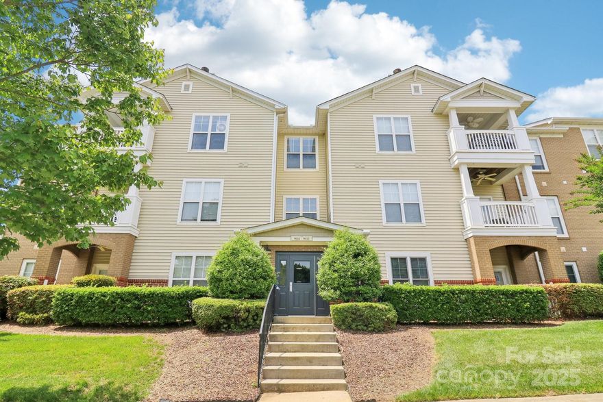 Beautiful corner penthouse condo in Alexander Chase, tucked in the back of the community with a gorgeous view of the mature trees around the community reservoir and the entrace to the Mcdowell Creek Greenway. As you step inside you will notice newly installed, modern vinyl plank flooring throughout the living spaces and the vaulted ceilings.  The open floor plan has lots of natural light, a beautifully updated kitchen with painted white cabinets and white quartz countertops, stainless steel appliances and plenty of storage. Large primary suite features vaulted ceilings, a walk in closet, and a generously sized primary bathroom with a linen closet. Large secondary bedroom is adjacent to the 2nd full bathroom. The laundry room is conveniently located off the kitchen with cabinets for storage. The living room has a fireplace and the entrance to the large covered balcony. Balcony includes a ceiling fan, storage unit, and offers a relaxing place to enjoy friends & family. Pet friendly.