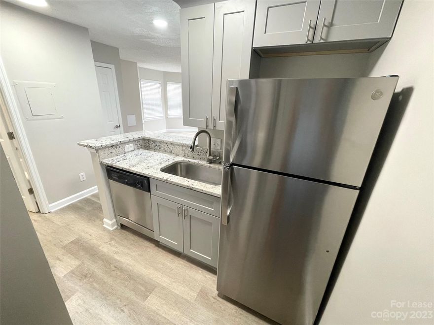 Inside this modern one-bedroom there is grey LVP throughout, stainless steel appliances, granite countertops, a huge bedroom, and a very spacious closet. Washer and dryer are included in the unit AND it has an enclosed back yard area.
Technology package includes keyless entry, nest thermostat, and smart technology. Located minutes from I-277. Walk to Panthers Stadium, Truist Field, Chic Restaurants and so much more!