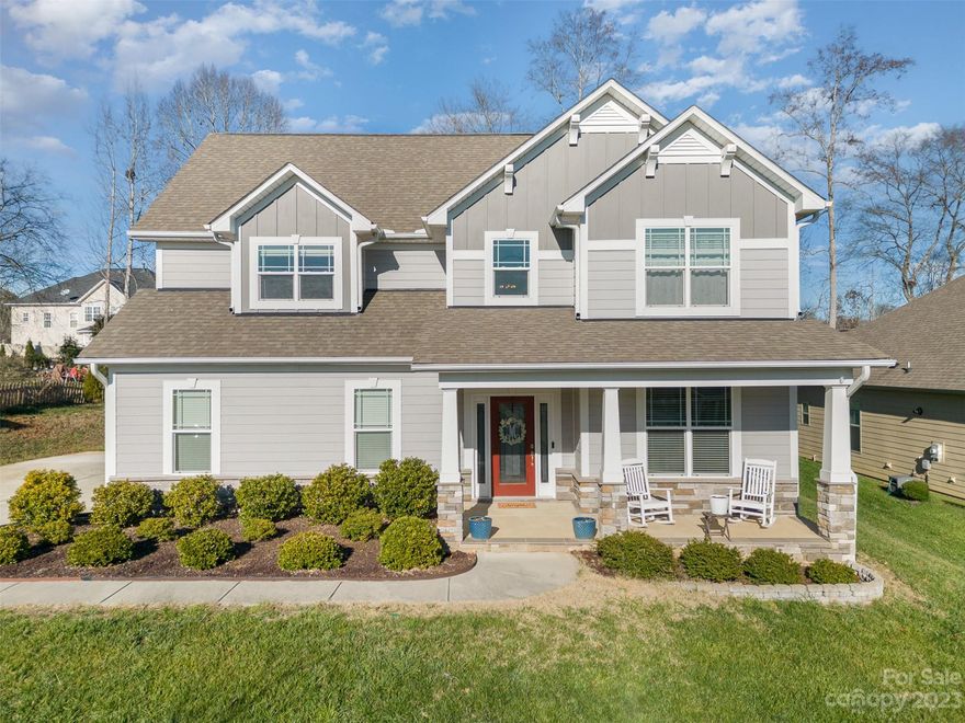 Charming residence w/ inviting front porch.Hardwoods guide you through the open floor plan, you're greeted by a dining room adorned w/coffered ceilings, creating an elegant atmosphere that sets the tone for the rest of the home. The foyer then leads you to the breakfast area. Here, the kitchen boasts tiled backsplash, granite counters & center island w/ample seating—perfect for casual meals & lively conversations. The flow continues into the comfortable great room, where a gas fireplace adds warmth & character. Primary bedroom on main w/tray ceilings, ensuite bath features 2 separate sink areas. Ascend the stairs to discover a landing that leads to 3 additional bedrooms, a full bath w/dual sinks, & bonus room..this versatile space adapts to your needs & lifestyle. The charming backyard, complete w/ play shed or additional storage—a perfect complement to the outdoor experience. Community pool, clubhouse, playground, & picnic area at the end of the street. 25 minute commute to Charlotte.