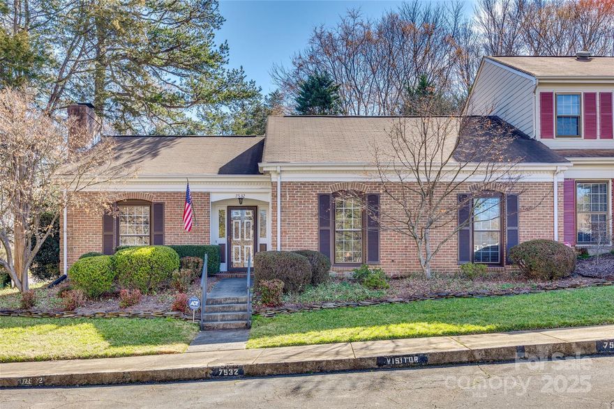 Nestled in the well-established Carmel Hollow community, this one-level end unit offers a fantastic opportunity to create your dream space in a prime location! With a spacious layout & great bones, this home is ready for your personal touch. The living room, complete with gas log fireplace & built-in bookcase, add both character and functionality to the space. The sunroom brings in plenty of natural light & is an ideal spot for a quiet retreat, home office or additional entertaining space. The primary suite is generously sized, featuring a large walk-in closet, dual vanity sinks & walk-in shower in the ensuite bath. Enjoy the convenience of two assigned parking spaces right in front of the unit, plus access to the community pool. Located just minutes from SouthPark Mall, Carolina Place Mall, shopping & dining this home is perfectly situated for an easy lifestyle. With its unbeatable location & charming features, this property is a rare find-don’t miss your chance to make it your own!