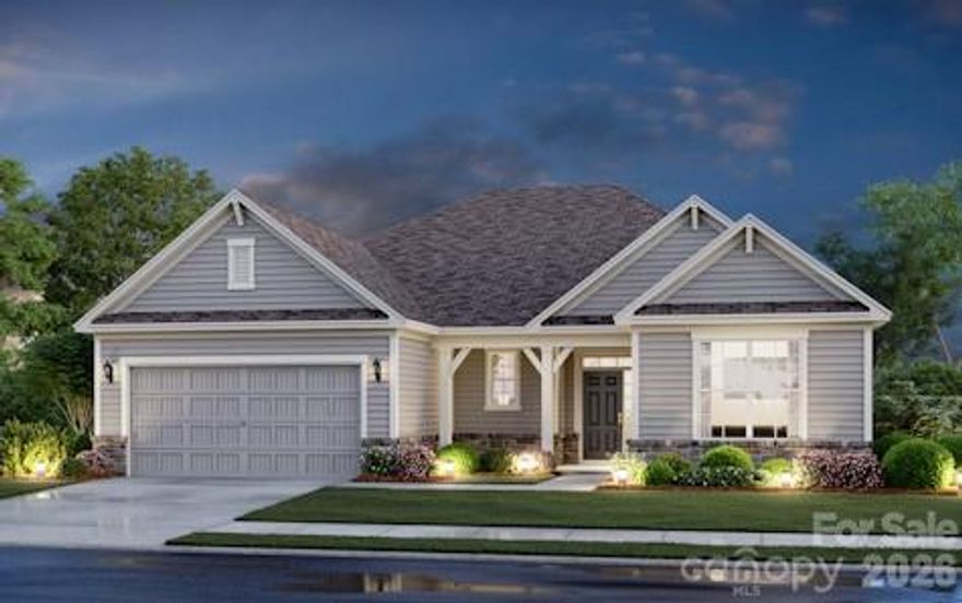 This ranch style home will amaze you with the feeling of space and light.  Soaring ceilings in the family room look out on to the covered rear porch.  Kitchen features large island, tile backsplash, drop in cooktop, wall oven, wall microwave, stainless vent, undermount sink, quartz countertops, pot and pan drawers and pantry with custom shelving.  Split bedroom plan with office.  Primary suite with spa shower with tile seats on both ends, double sink, sep water closet and oversized walk-in with custom shelves and racking.  fireplace and 2 car garage.  large .84 acre homesite.