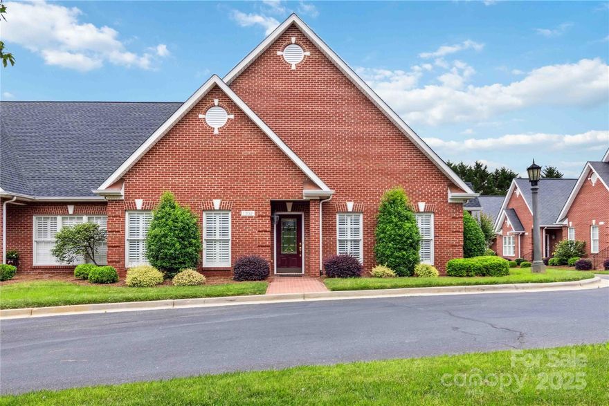 Classic Brick Townhome in Gated Warrington Place. Enjoy the ease of one-level living in this charming all-brick townhome, located in the quiet, gated community of Warrington Place. This well-designed home offers 3 bedrooms and 2 baths, including a spacious primary suite with lighted tray ceiling, plantation shutters, and carpet. The eat-in kitchen is equipped with granite countertops, stainless steel appliances, a gas range, and a large pantry. Enjoy meals in the formal dining room or unwind in the bright sunroom, which opens to a private courtyard with a paver patio—perfect for outdoor relaxation. Additional highlights include extensive crown molding, ample storage throughout, and a detached garage with a bonus room—ideal for storage or easily finished for additional living space. Plantation shutters throughout the home add timeless charm and character. All conveniently located near shopping, dining, and I-77, yet tucked away in a beautifully maintained, peaceful community.
