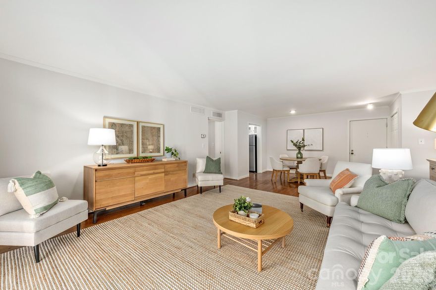 Move in ready in the heart of Myers Park! So convenient to all of central Charlotte, you’ll live among the beautiful oak trees only a stone’s throw from the Tiny Teeter, Squirrel Park & the iconic Duke Mansion + so many delicious restaurants & boutiques. This vintage condo has 2 full baths, solid wood flooring, nice big closets, glass door cabinets in kitchen, upgraded baths & freshly painted thru out. You’ll get your steps in as bldg wraps around the Myers Park Library & Opus condos. Unit is near laundry, stairwell & small storage unit. HOA assigns parking.  Note that Pets & short term rentals are not allowed. Charlotte House = easy living as HOA dues cover fast internet, cable TV, water/sewer, heat/A/C, trash/recycling, pool & common area maintenance/insurance/landscaping.  All you need to do is turn on the electricity.