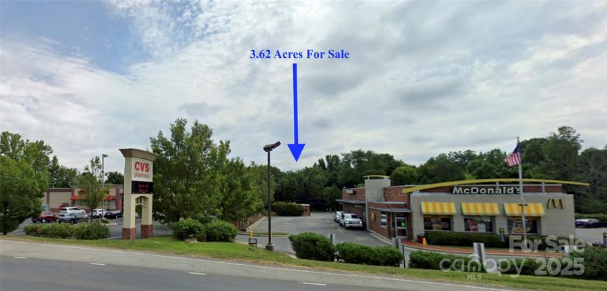 3.62 acres zoned for business below tax value. Adjacent to McDonalds, CVS, Food Lion, & a storage unit facility in Rockwell NC. with an approximate average daily traffic count of 12,500 vehicles per day.  Zoned B-3 by the city of Rockwell NC, purpose of this district is to provide a wide array of primarily retail and personal service uses to a large trading area for persons residing in and/or traveling through the Rockwell area.  This zoning offers a wide range of uses including: ABC Store, Amusement Park.  Animal; Grooming, Hospital, Shelter, Supply Store.   Antique store, Appliance sales & repair, Art Gallery, Auction house, Auditorium, Assembly hall, Auto, Truck, Boat, Motorcycle sales.   Automobile; body shop, broker, detailing, repair, parts, tires, washing.  Bakery, Bank Teller Machine, Beaty Supply, Bicycle Sales, Blueprint service, copy services, Book store, Bowling lanes, Building & home materials, woodwork shop, Camera / phone & photography, Camping & Rec park, Candy store.