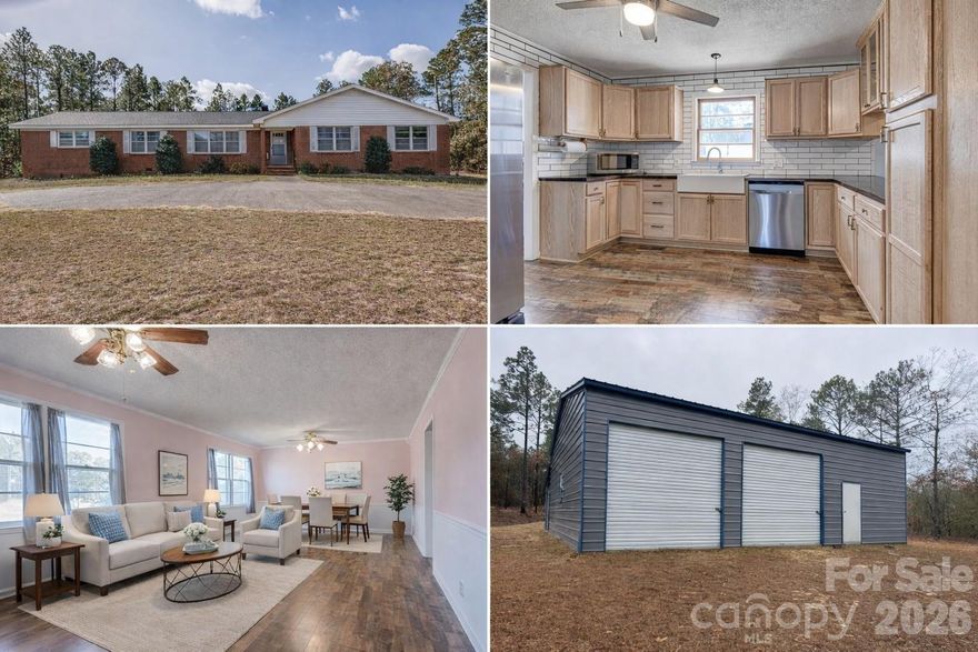 100% USDA Eligible Financing available! Check out this Sprawling 4 Bedroom 2 bath full brick ranch home in the country. It is situated on a 1.9 acre lot with No Restrictions!  If you're looking for an amazing property that includes huge Garage this could be it. The 30 x 40 garage also has a 10 x 40 lean-to in the back. The perfect place for your in-home business, Car enthusiast,  handyman. The home has a newly installed Farmhouse style kitchen with tons of cabinets, beautiful butcher block countertops, farm sink and new stainless-steel appliances. There is a large laundry room with plenty of counter space, sink & cabinets as well.  If you love to entertain there is plenty of room with a large family room, Dining room & formal living room. The home has newly installed laminate flooring, freshly painted, crown moldings throughout, Wood burning fireplace and tons of closet space. The 2-car carport that has been enclosed for extra storage space. This beauty won't last long call today for an appointment.