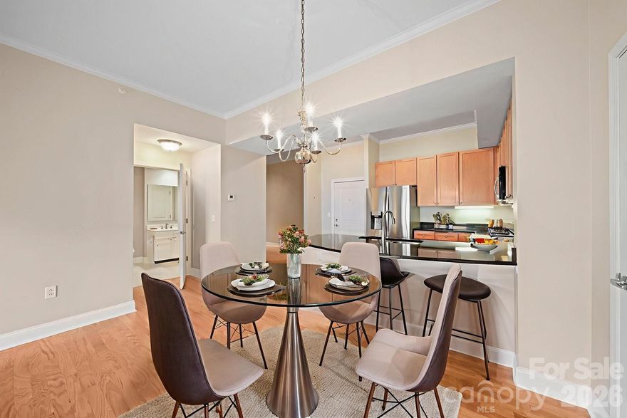 Lovely 1 story 2-bedroom 2 bath condo in the heart of South Park. This home has been impeccably maintained and comes with a highly sought after deeded storage unit and 1 deeded parking space. The interior was completely painted, and they added brand new carpet in both bedrooms and new ceiling lights, a dining room light and 2 new ceiling fans in January 2026. It has a new refrigerator, a range and new AC in 2025. Walk into an Open Floor Plan with wood flooring in the main living area and a highly desired flex room, the kitchen is open to the living room with a large counter height island for sitting and easy food prep. The owner's suite has a large walk-in closet and an expansive private bathroom with a walk-in shower. The 2nd bedroom has room for a bedroom and an office or sitting area and a big walk-in closet. It is connected to the 2nd bathroom with a tub/shower. Washer/dryer and refrigerator are included. The community has amenities that feature a business center, fitness center, outdoor grills & fireplace and a pool. Walk to shops, restaurants, Barnes & Noble with a Starbucks and a short drive or walk to grocery, pharmacy and the wonderful South Park Mall. Financing needs to be a non-conventional loan or cash. Secure Building with fob access.