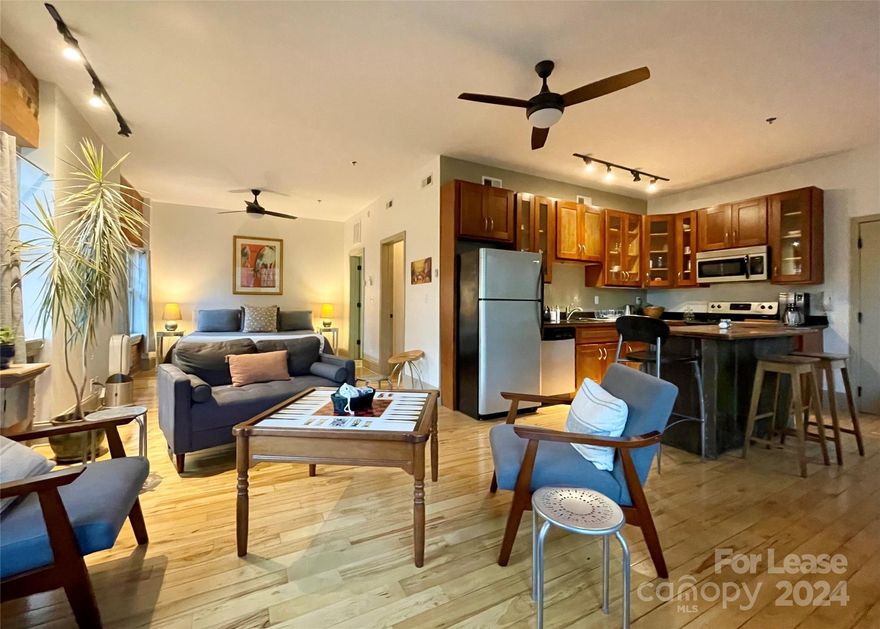 Chic urban loft in Downtown Asheville. Absolute central walkable location. One month to one year full service lease. Monthly rent includes all utilities/services and gated surface parking space. Fully furnished including all bed, bath and kitchen essentials. Perfect for executive rental, relocation stay, or extended Blue Ridge Mountain vacation. Pets allowed upon Landlord approval with deposit. Currently in service as short term rental with intermittent occupancy, availability is subject to change, showings by appointment only.